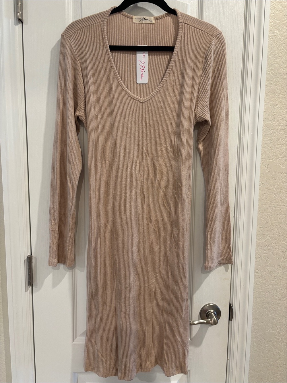 Hello MIZ Ribbed V-Neck Long Sleeve Dress in Nude